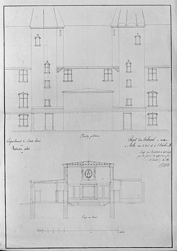 Plan d'un tribunal dans le local de l'Evêché, élévation, coupe (1er projet).