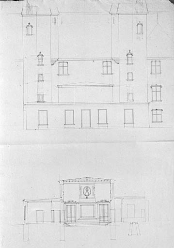 Plan d'un tribunal dans le local de l'Evêché, coupe, élévation, 2e projet.