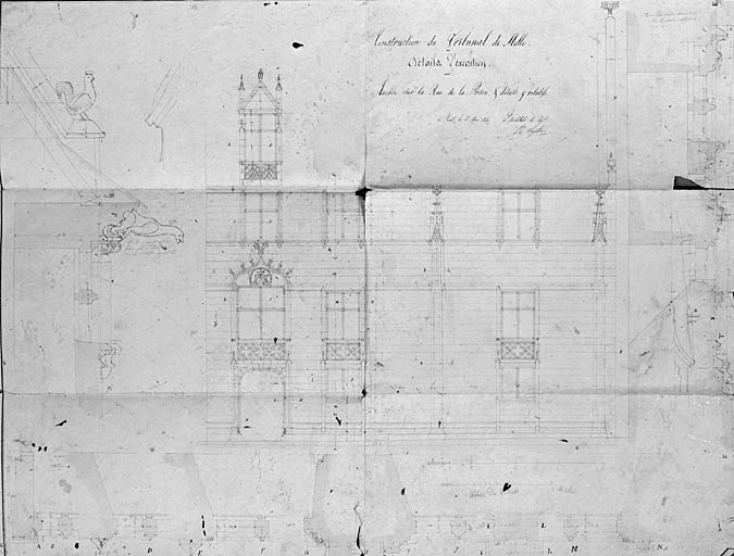 Façade vue de la prison, élévation, plan, coupe.