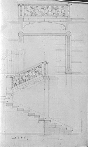 Grand escalier, élévation, coupe.