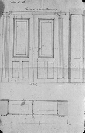 Porte d'entrée de la salle d'audience, plan, coupe, élévation.