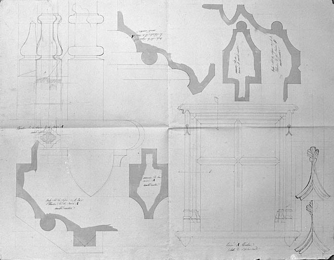 Détails de croisée, plans, coupes, élévations.