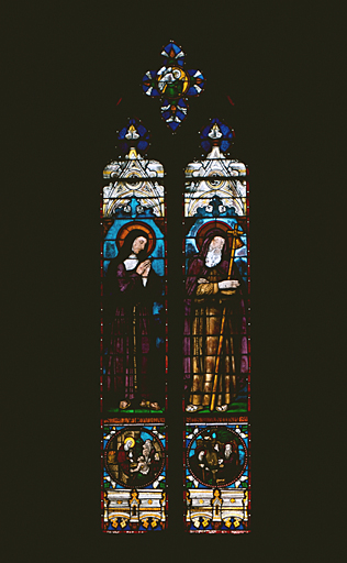 3 verrières à personnages : sainte Marie-Madeleine de Pazzi, saint Prosper, sainte Suzanne, saint Henri, sainte Louise, saint Antoine (baies 5, 7, 9)