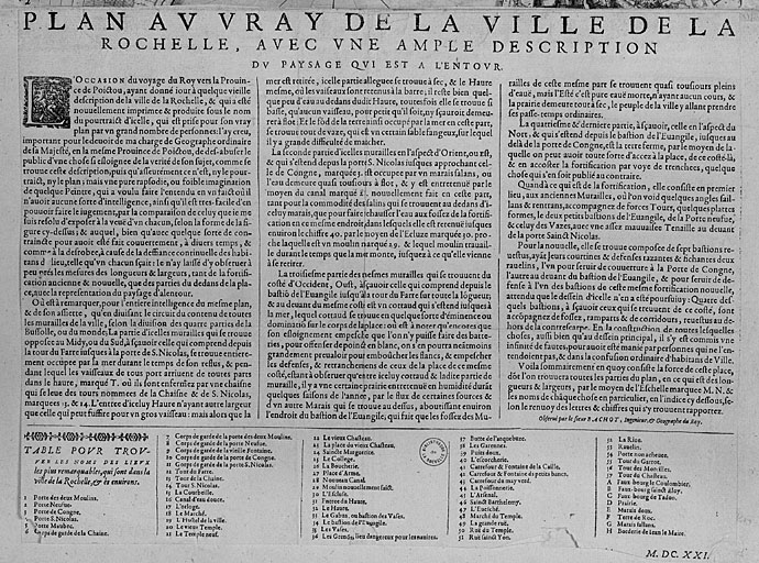 Plan de la ville en 1621, gravure par Bachot, légende.