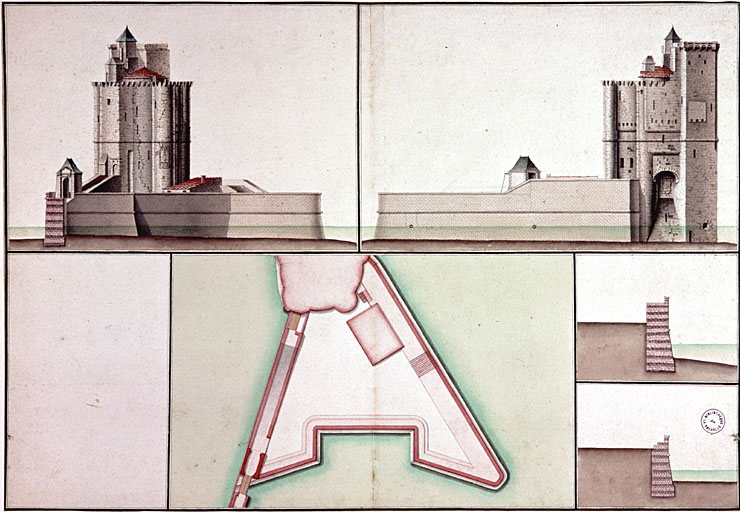 Elévations sud et nord et plan de l'ouvrage à corne, par Cl. Masse.