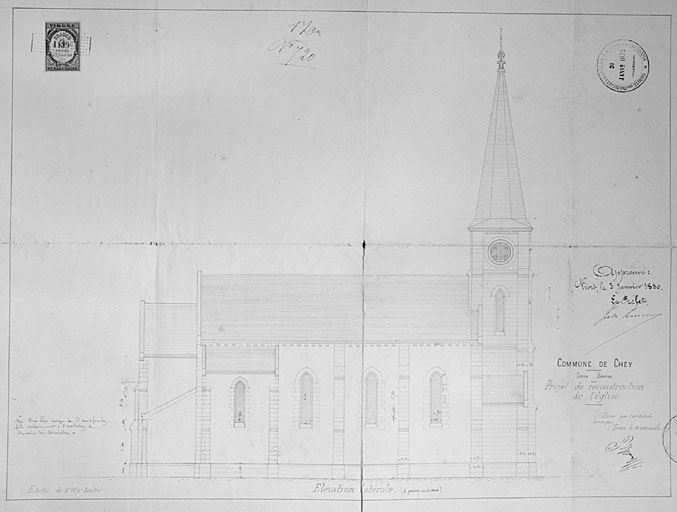 Elévation latérale, de 1877, par Brisacier, architecte.