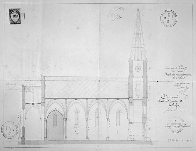 Coupe longitudinale, de 1877, par Brisacier, architecte.