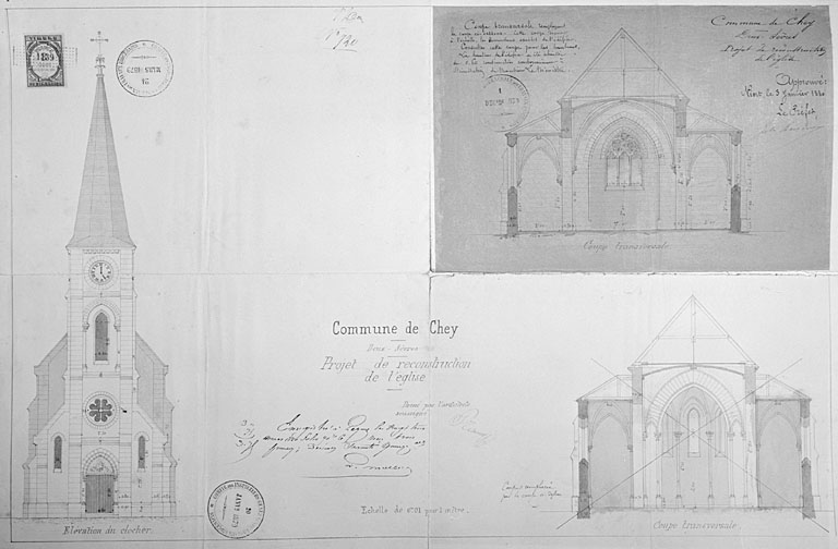 Elévation du clocher, coupe transversale de 1877, 1879, par Brisacier, architecte.