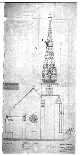 Projet d'un clocher, élévation de 1900, par A Boutaud, architecte.