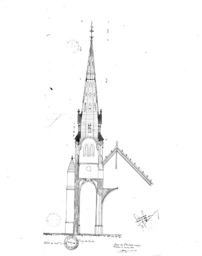 Projet d'un clocher, coupe de 1903, par A Boutaud, architecte.