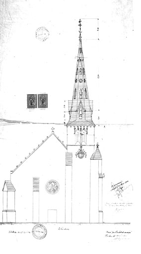 Projet d'un clocher, élévation de 1904, par A Boutaud, architecte.