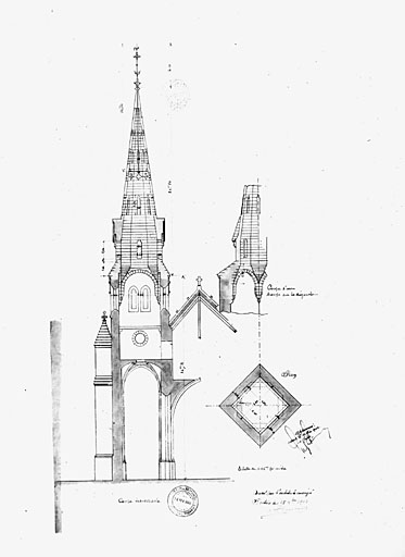 Projet d'un clocher, coupe transversale, coupe d'une trompe, plan, de 1904, par A Boutaud, architecte.