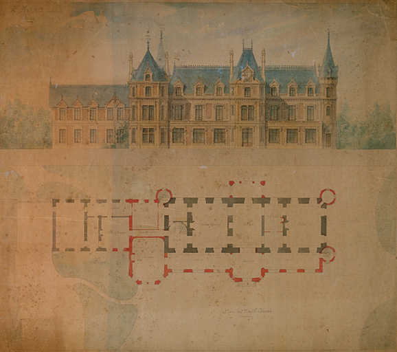 Plan du rez-de-chaussée et élévation antérieure, par E. Demangeat, en 1875.