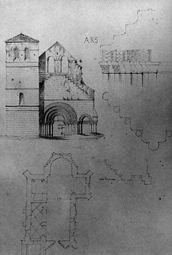 Façade, plan, voussures du portail, par Abadie en 1844.