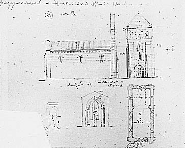 Façade, élévation latérale, plan, par Abadie, en 1843.