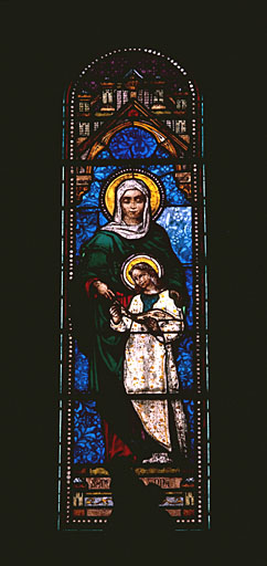 3 verrières figurées : Vierge à l'Enfant, saint Joseph et l'Enfant Jésus, Education de la Vierge