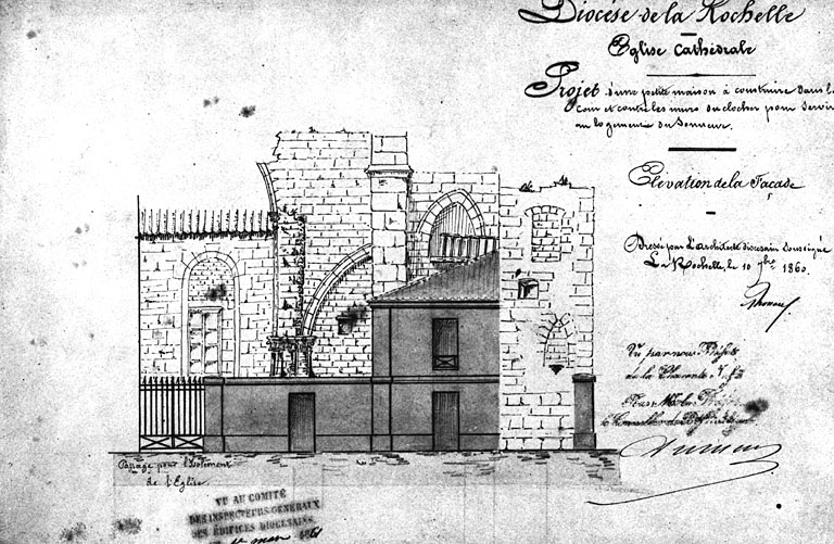 Projet d'élévation pour la maison du sonneur, contre le mur du clocher, 1860, par Brossard.