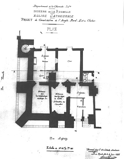 Plan du clocher avec projet de consolidation de l'angle nord est, en 1888, par Massiou.