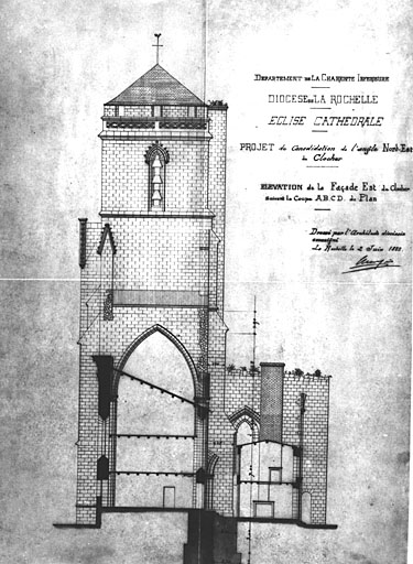 Elévation est du clocher, avec projet de consolidation de l'angle nord-est, en 1888, par Massiou.