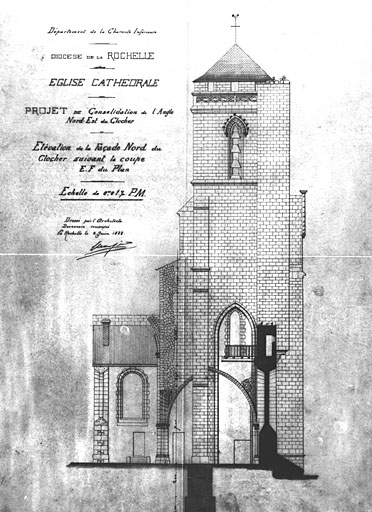 Elévation nord du clocher, avec projet de consolidation de l'angle nord-est, en 1888, par Massiou.