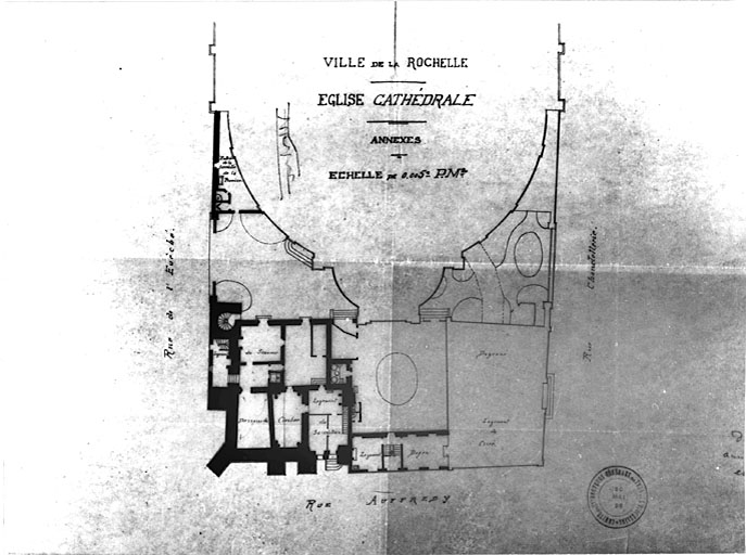 Plan de la base du clocher et des logements du doyen, du sacristain et du sonneur. Postérieur à 1860.