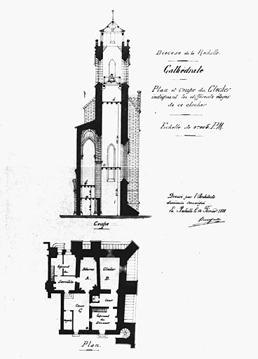 Plan et coupe du clocher, en 1888, par Massiou.