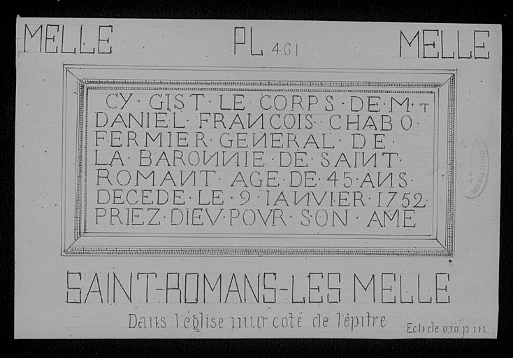 Epitaphe non armoriée de Daniel François Chabot.