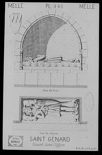 Plate tombe avec représentation en relief et blason sculpté.