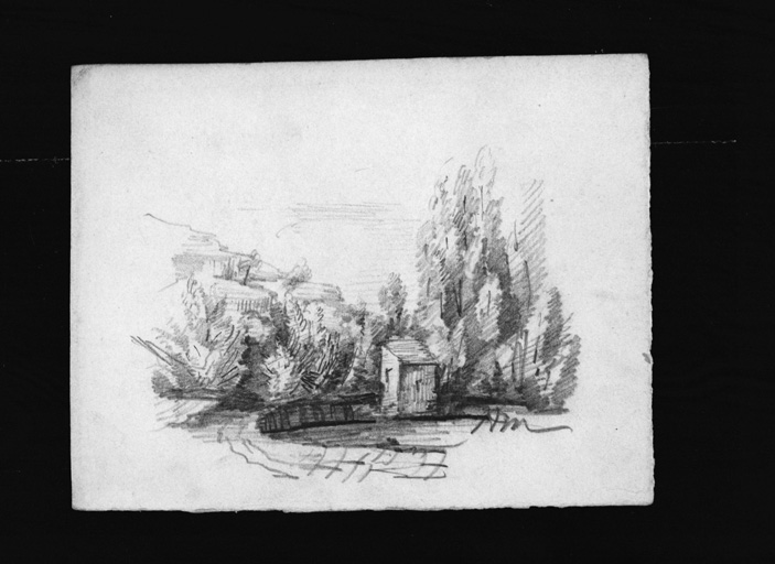 Paysage avec maisonnette.