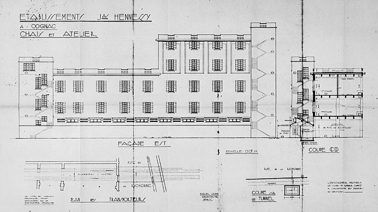 Chais et ateliers, élévations, coupes et plan.