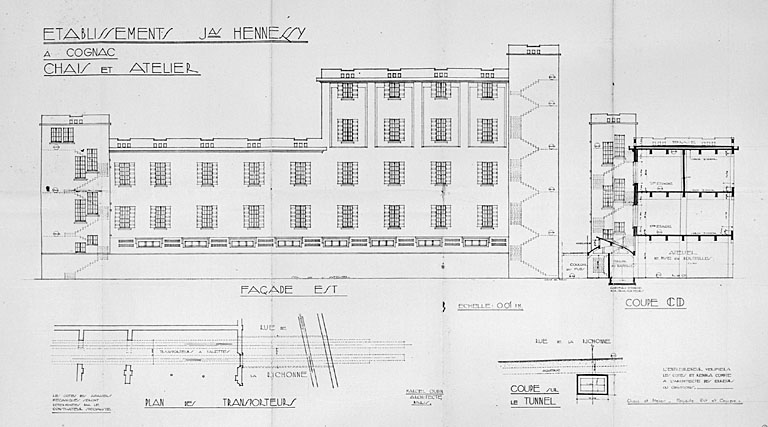 Chais et ateliers, élévation, coupes et plan.