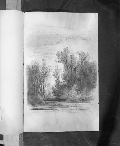 Dessin : paysage boisé avec tour.
