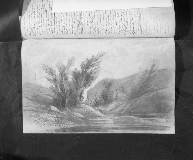 Dessin : cours d'eau dans des collines.