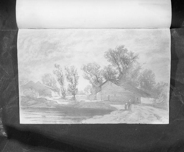 Dessin : hameau au bord d'un étang.