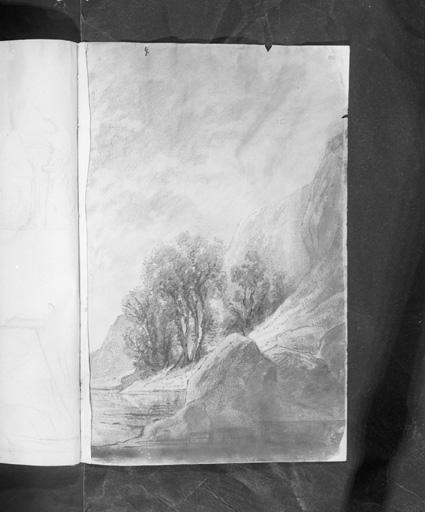Dessin : bord de lac en montagne.