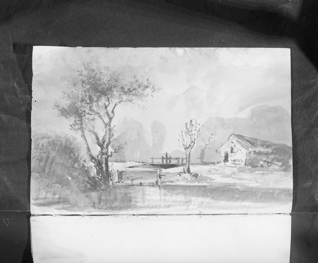 Dessin : paysage avec maison et écluse.