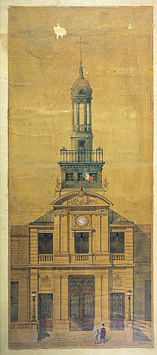 Dessin de la façade avec son campanile, en 1891, par A. Leroux.