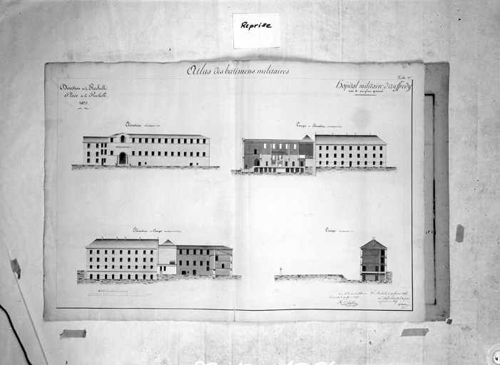Elévation, coupe élévations, coupe, par de Verdon, en 1825.