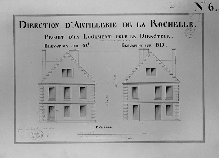 Projet, élévations latérales, 1819. Mollet.