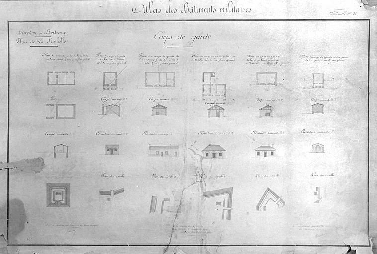 Corps de garde de la Redoute des deux-Moulins, de la porte Neuve, du bastion Saint-Nicolas, de la Demi-lune avancée de Saint-Nicolas, de la porte de la Jetée. Plans, coupes, élévations, 1896. Forsain.