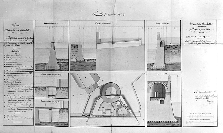 Projet d'achèvement des travaux et de reconstruction du pont de la porte des Dames, coupes et plan avec l'intérieur de la petite tour de la Chaîne, en 1824, par De Verdon.