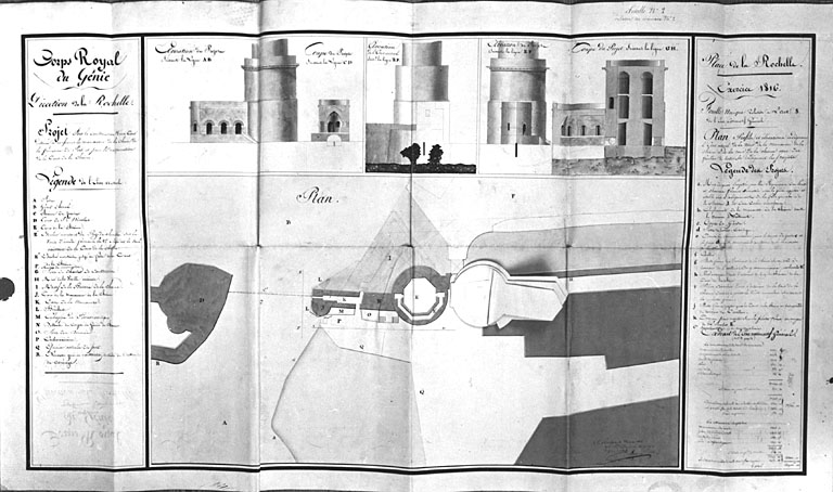 Projet de reconstruction et restauration. Etat initial. Plan au premier niveau, coupes, élévations, 1816, par Emy.