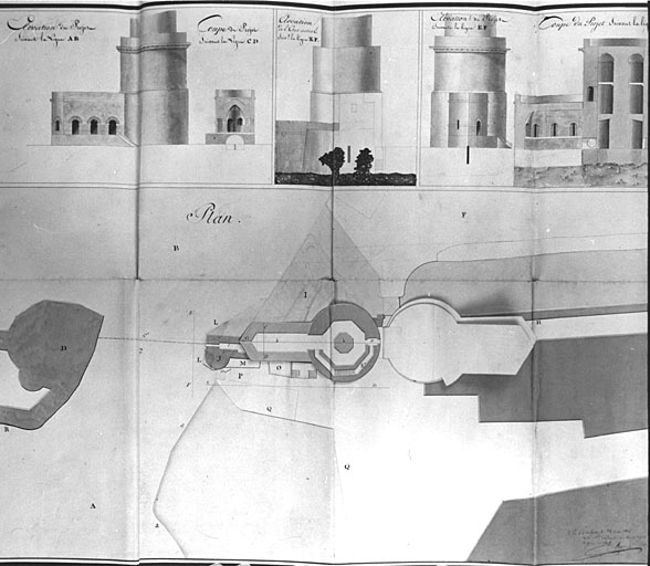 Projet de reconstruction et restauration de 1816, par Emy. Plan du rez-de-chaussée avec pilier, coupes, élévations. Détail 3e retombe.