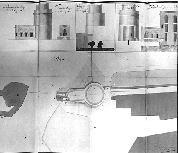 Elévations, coupes et plan de l'étage au niveau de la plate forme, projet de restauration de 1816, par Emy.