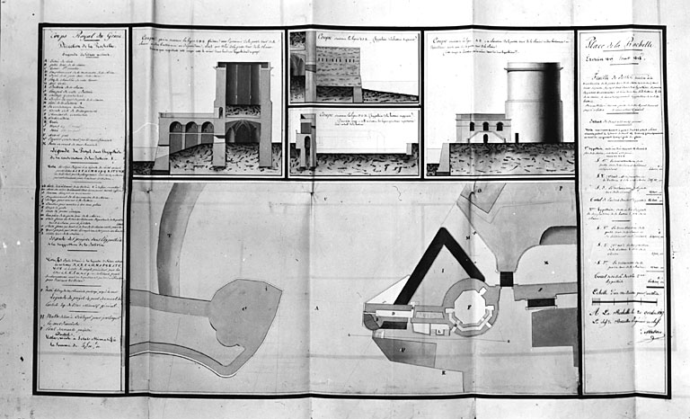 Projet de reconstruction de la petite tour de la Chaîne, tout en conservant la batterie I, coupes, élévation et plan, 1817, par De Verdon.