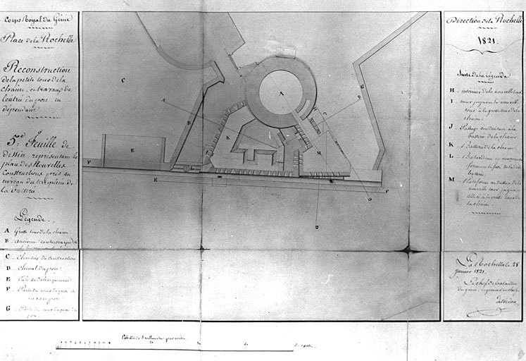 Projet de reconstruction de la petite tour de la Chaîne, plan au niveau de la plate forme de la nouvelle petite tour de la Chaîne, en 1821, par De Verdon, avec retombe baissée.