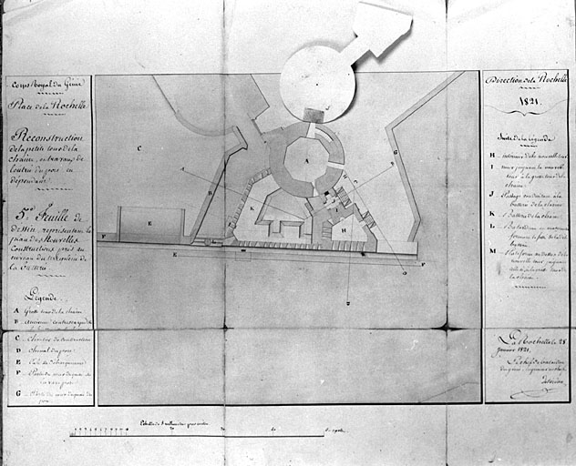 Projet de reconstruction de la petite tour de la Chaîne, plan au second niveau, en 1821, par De Verdon, avec retombe relevée.