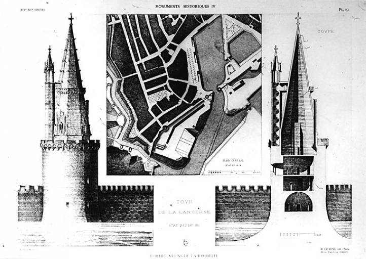 Plan de situation, élévation sud et coupe. Projet de restauration de 1864, par J. Lisch.