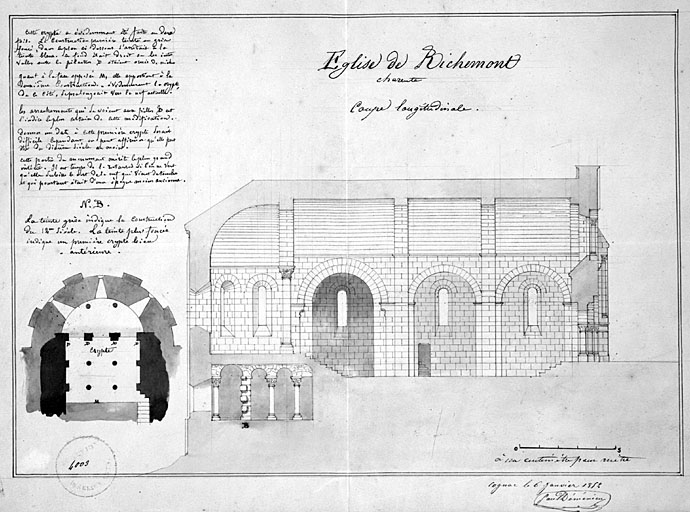 Coupe longitudinale de l'église et plan de la crypte, par Paul Déménieux, 6 janvier 1852.