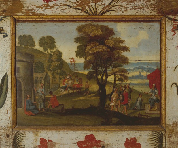 Panneau F1 : Mardochée, Aman et Assuérus.